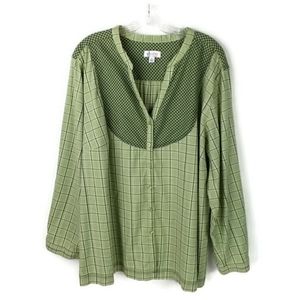 Denim & Co Green Multiprint Long Sleeve Button Front Blouse Womens Plus 3X
